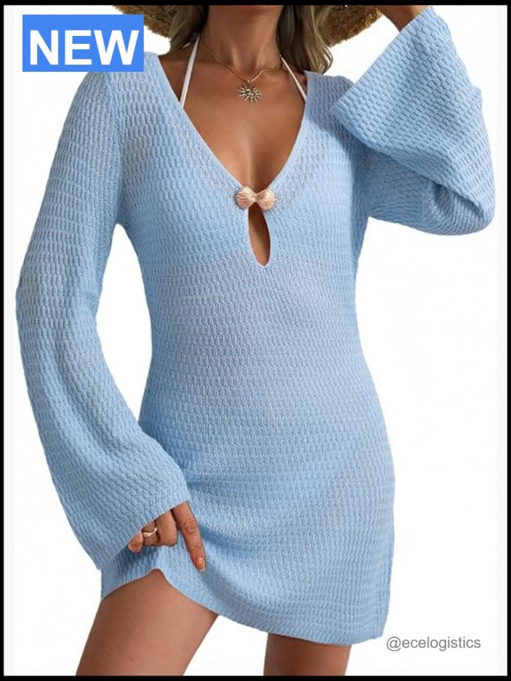 Women's Crochet Deep V-Neck Beach Cover Up Dress